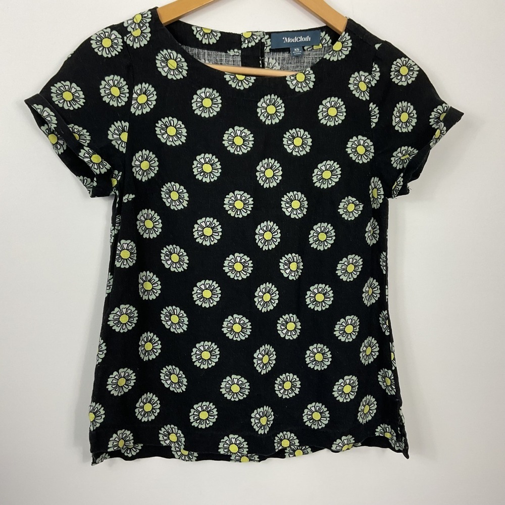 ModCloth Daisy Floral Print Linen Blend Short Sleeve Top Women's XS